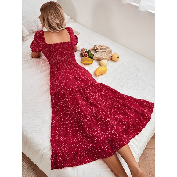 boho Polka Dot Shirred Puff Sleeve Split Thigh Ruffle Hem midi Dress red - Picture 3 of 8